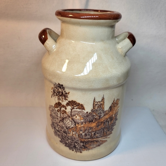 Milk Can Jug VASE Ceramic Handles 7" Tall Design Country Farmhouse Cream Browns - Picture 12 of 12